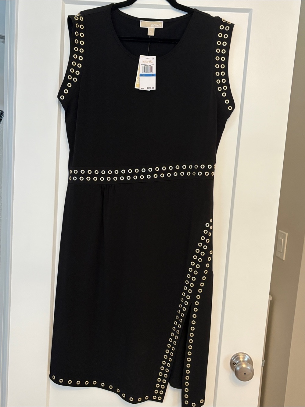 MICHAEL Michael Kors Black Midi Dress with Gold-Tone Eyelet Trim